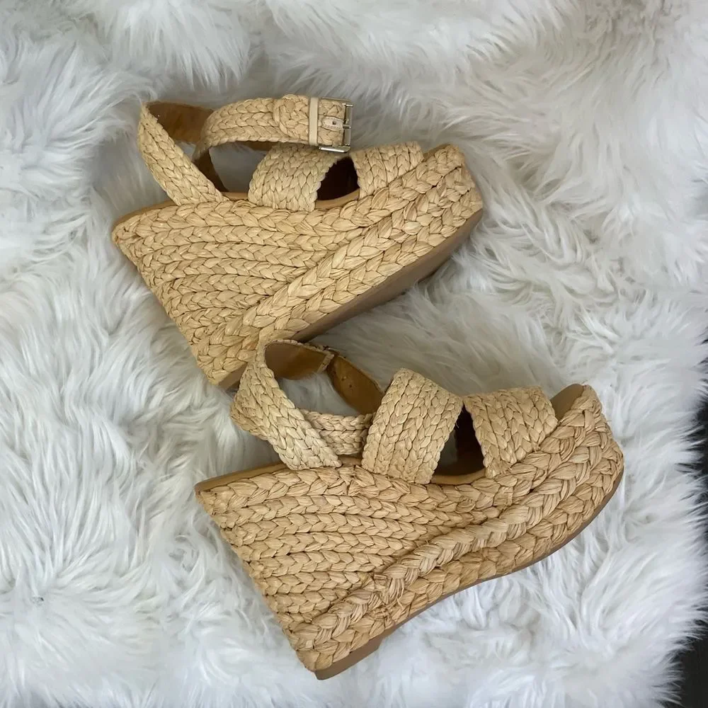 Polo Ralph Lauren Tan Ankle Strap Straw Wedge Sandals Size 7 EUR 37.5